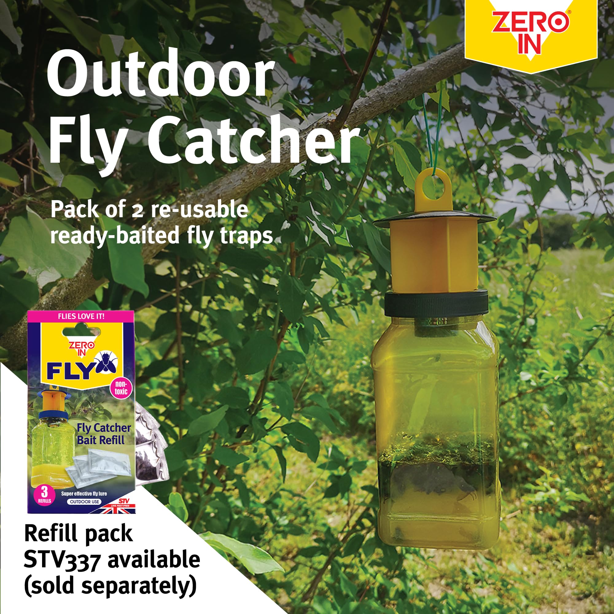 Zero In Outdoor Fly Trap - Ready-Baited Outdoor Fly Catcher, Twin Pack - Non-Toxic, Insect Trap to Attract & Trap Bugs - Suitable for Garden & Outdoor Use, Lasts up to 2-3 Weeks